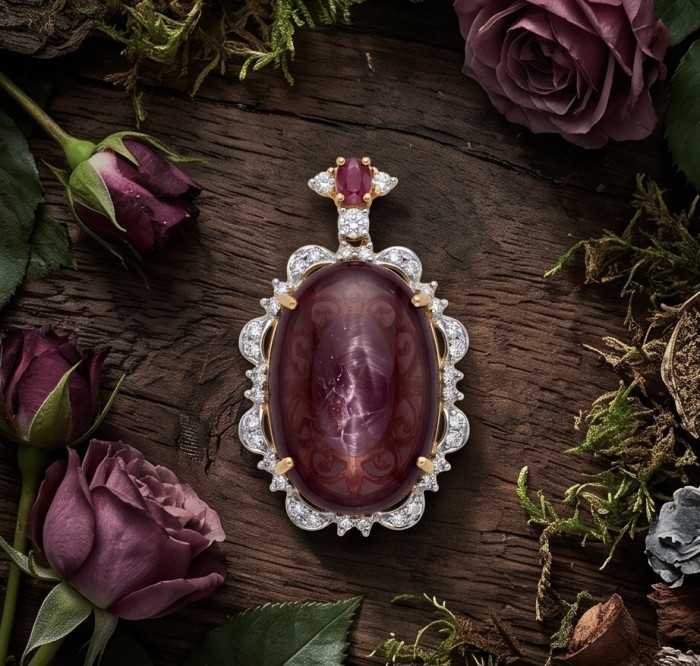 Rare finding! Deluxe 65.4 carat authentic Kashmir Star Ruby 22K Gold over .925 Sterling Silver handmade Statement Pendant - Close-up of deluxe 65.4 carat Kashmir Star R pendant on wood with roses.