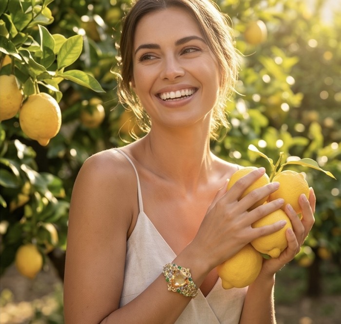 Marie Antoinette's Style - Authentic 28.9 carat Brazilian Citrine .925 Sterling Silver dipped in 18K Gold handcrafted Bracelet - Woman holding lemons wearing Marie Antoinette's Style bracelet