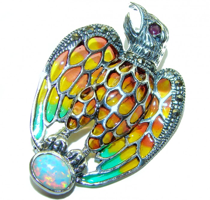 Natural Enamel Eagle Australian Opal .925 Sterling Silver Brooch Pendant Brooch - photo 3