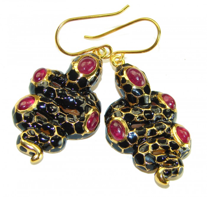 Black Snakes Genuine Enamel Ruby 18K Gold over .925 Sterling Silver handcrafted Earrings - photo 2