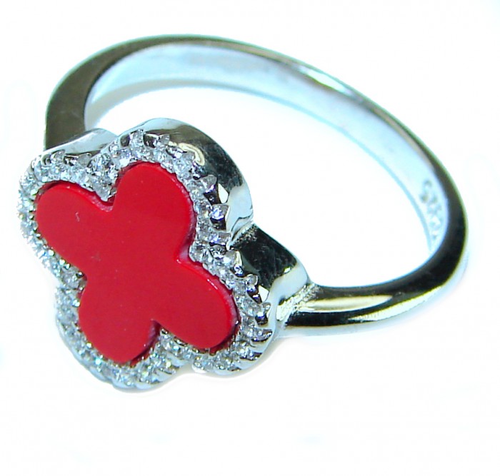 A four-leaf clover Coral .925 Sterling Silver handcrafted ring s. 8 - photo 1