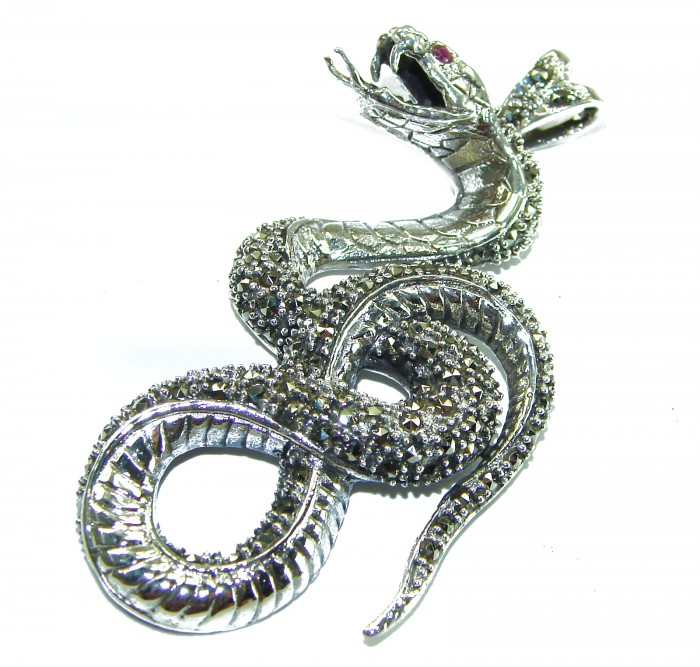 Large 2 5/8 inches long Cobra Snake genuine Marcasite .925 Sterling Silver handmade Pendant - Cobra snake pendant with marcasite, detailed view.