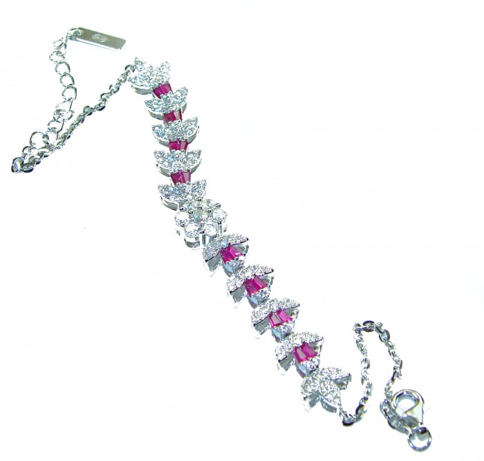 Art Deco - Luxurious natural 11.5 carat Ruby .925 Silver handcrafted bracelet - Art Deco silver bracelet with ruby and diamond detail, side view.