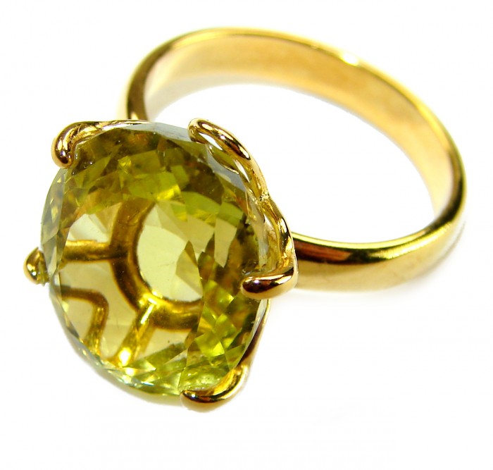 8.8 carat Genuine Lemon Quartz 14K Gold over .925 Sterling Silver handcrafted ring size 7 1/2 - Lemon quartz ring in 14K gold over sterling, stone close-up.