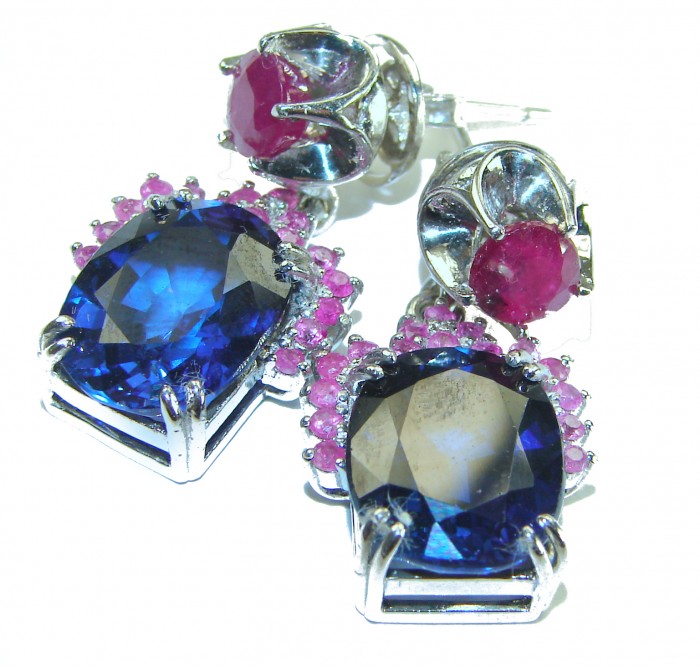 Deep Ocean 24.5 carat London Blue Topaz Ruby .925 Sterling Silver handmade earrings - Earrings close-up: London Blue Topaz and Ruby in sterling silver.