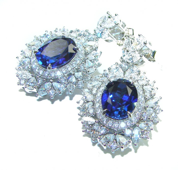 Luxurious 4.5 carat Sapphire White Sapphire .925 Sterling Silver Statement earrings - Close-up of sapphire earrings with white sapphires in sterling silver.