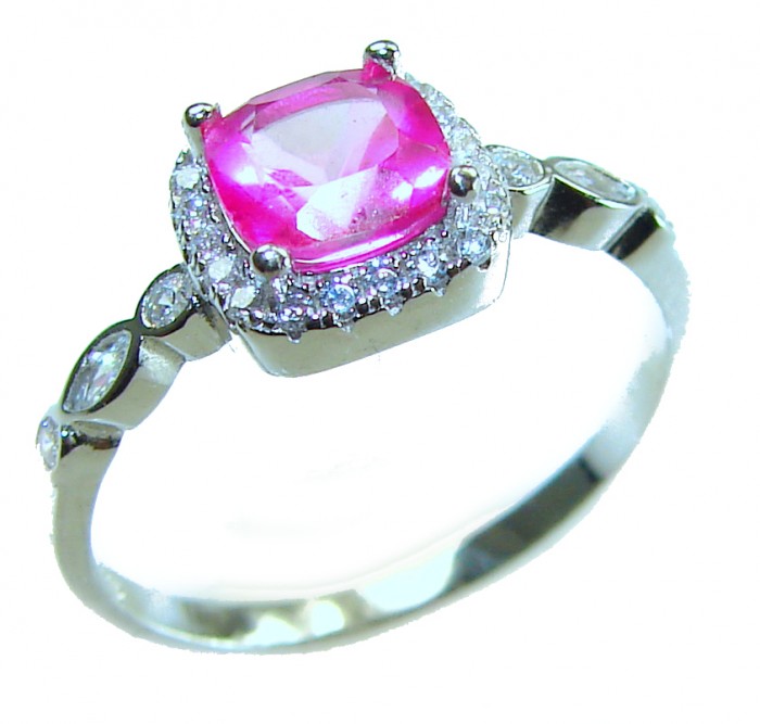 Real Beauty 3.1 carat cushion cut Pink Sapphire .925 Silver handcrafted Cocktail Ring s. 8 1/4 - Close-up of pink sapphire ring with diamond accents, cushion cut stone.