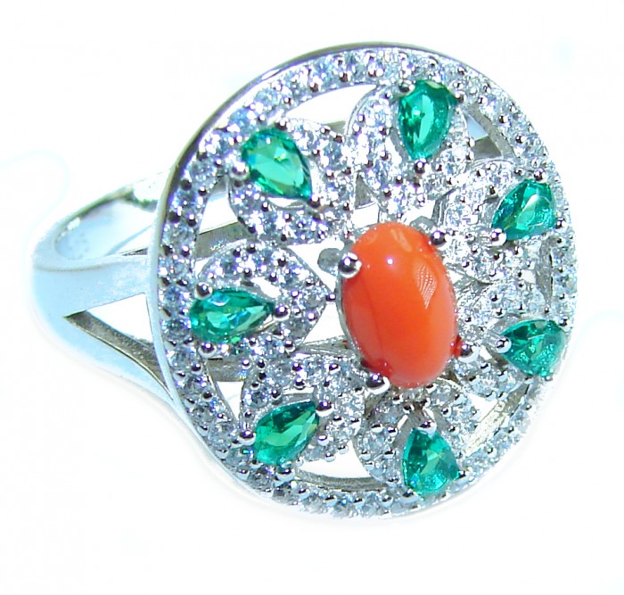 Serenity - 10.5 carat genuine Coral Emerald .925 Sterling Silver handmade ring s. 7 1/2 - Top view of Serenity ring with coral and emeralds in sterling silver.