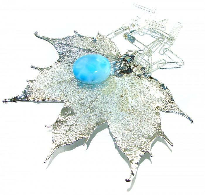 Beautiful Nature 8.2 carat Larimar Real Leaf dipped in Real .925 Sterling silver handcrafted necklace - Top view of silver leaf pendant with blue Larimar stone.
