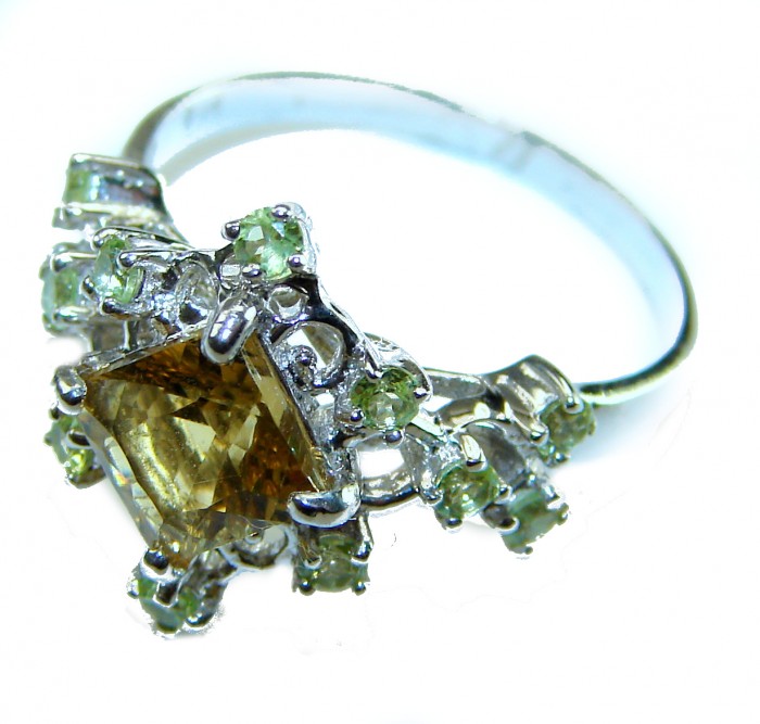Golden Royalty 5.5 carat Citrine .925 Sterling Silver Handcrafted Huge Ring size 7 - Close-up of Golden Royalty Citrine ring with intricate silver details.