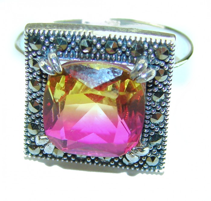 7.5 carat Ametrine Marcasite .925 Sterling Silver HANDCRAFTED Ring s. 8 - Close-up of Ametrine Marcasite sterling silver ring showcasing the stone