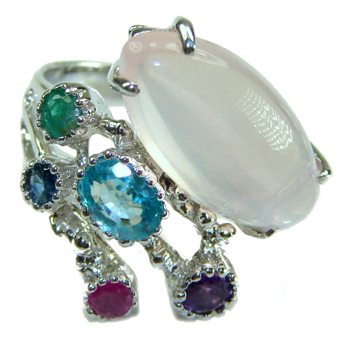 Authentic 10.5 carat Brazilian Rose Quartz .925 Sterling Silver incredible Ring size 8 - Close-up of multi-gemstone 10.5 ct rose quartz sterling silver ring.