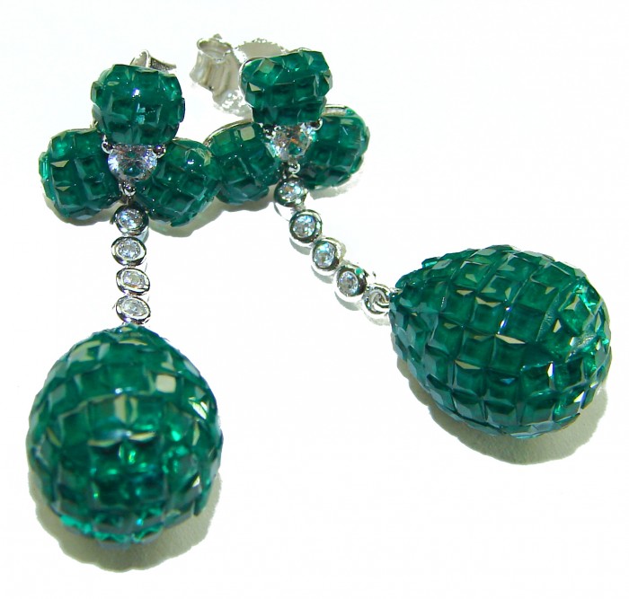 Giovanna - Authentic 21.9 carat Emerlad .925 Sterling Silver handcrafted earrings - Emerald earrings close-up showing gem details and sterling silver settings.
