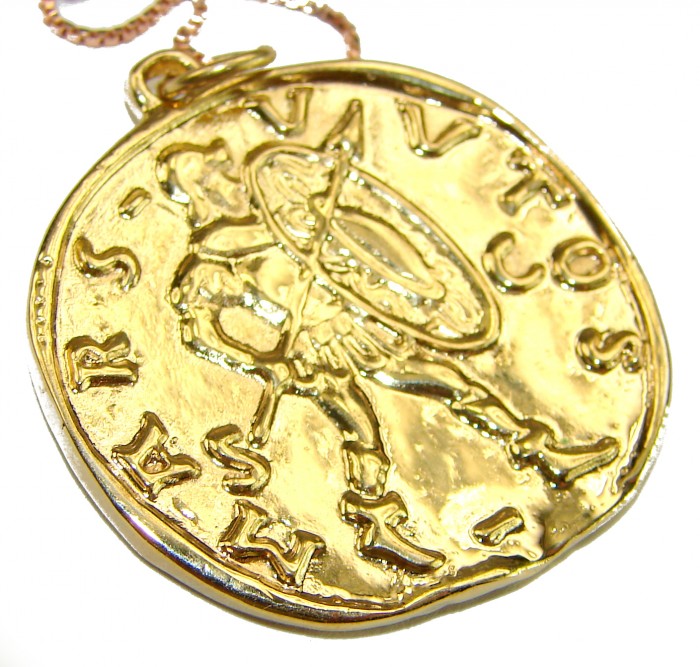 Ave Caesar - Vintage Style Coin .925 Sterling silver and plated with 14K Gold handcrafted necklace - Gold vintage-style coin pendant, close-up angle.