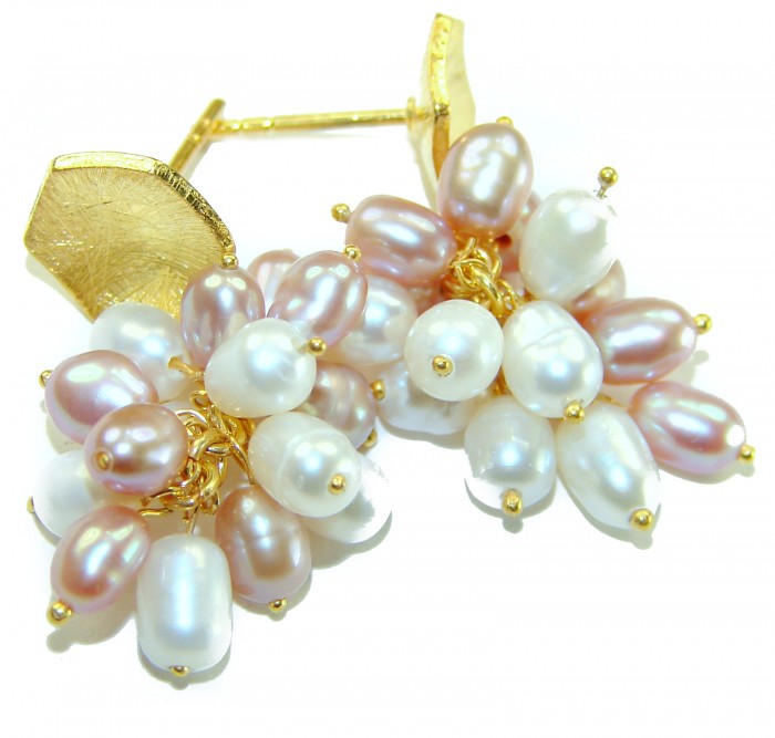 Natural White Mother of Pearl 14K Gold over .925 Sterling Silver handcrafted earrings - Earrings close-up, pearl clusters with gold over sterling silver settings.
