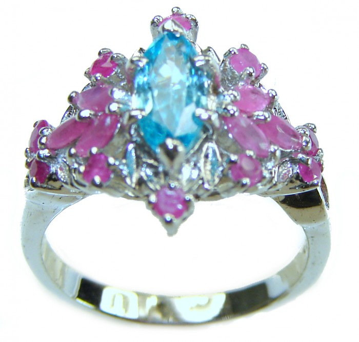 Emily 8.5 carat Swiss Aquamarine Ruby .925 Sterling Silver handmade Statement Ring size 7 - Front view of Emily 8.5 ct Swiss Aquamarine Ruby .925 Sterling Silver ring.