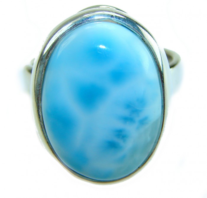 Large 14.9 carat Blue Perfection Blue Larimar .925 Sterling Silver handmade Large ring size 7 adjustable - Close-up of large blue Larimar stone in sterling silver setting.