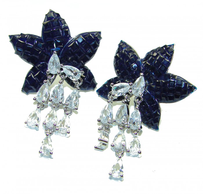 Magnificent Jewel 15.5 carat Sapphire .925 Sterling Silver handcrafted incredible earrings - Front view of sapphire and sterling silver earrings with tear-drop crystals