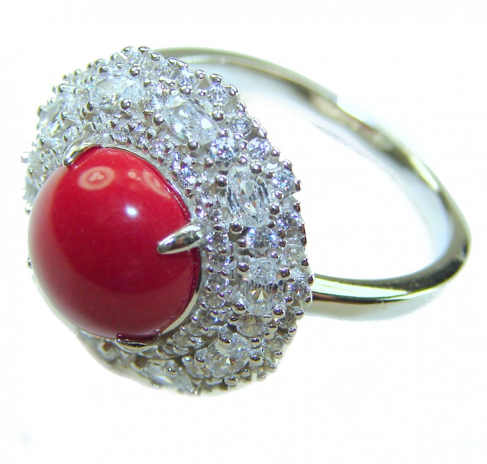 Elizabeth Natural Fossilized Coral .925 Sterling Silver handmade ring s. 9 - Coral and diamond sterling silver ring, top view close-up.