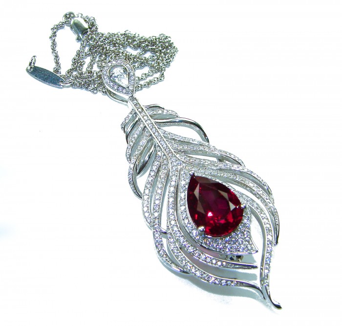 Magic Feather 10.2 carat Ruby .925 Sterling Silver .925 Sterling Silver Statement Necklace - Peacock feather pendant with ruby in sterling silver, chain included.