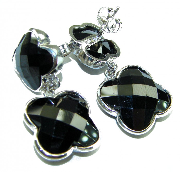 Alessandra 22.5 carat Champagne Smoky Topaz .925 Sterling Silver handmade Earrings - Close-up of Alessandra earrings with faceted black stones.