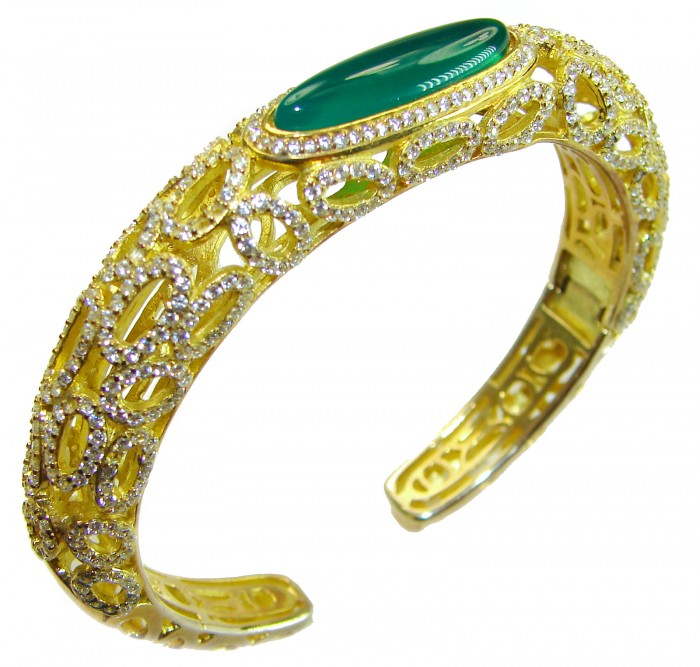 Luxurious Genuine 11.5 carat Jade 18K Gold over .925 Sterling Silver handmade Bracelet - Gold bracelet with jade stone, side view, intricate diamond design.