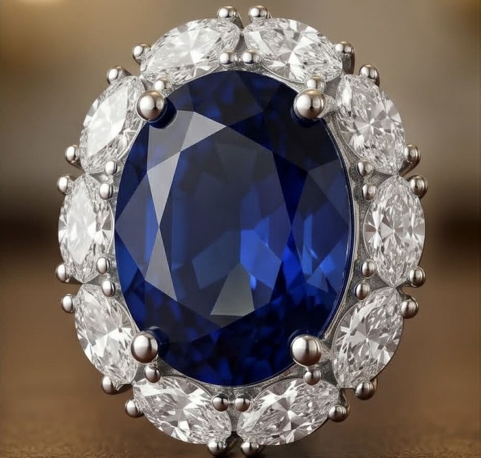 Giovanna - Authentic oval cut 6.8 carat Tanzanite .925 Sterling Silver handcrafted earrings - Close-up of an oval cut Tanzanite ring with diamond halo.