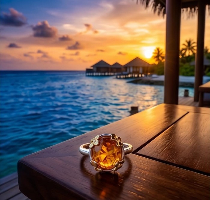 Queen of Fire best quality 6.4 carat BALTIC AMBER 2 tones .925 Sterling Silver handmade ring 7 - Baltic amber ring on table with tropical sunset ocean view