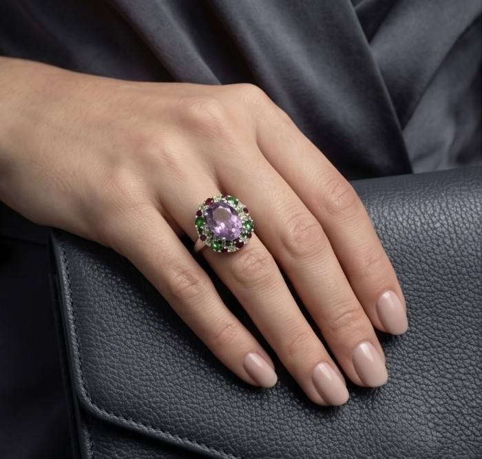 Lavender Beauty authentic 14.2 carat Amethyst .925 Sterling Silver dipped in rhodium handcrafted Ring size 8 1/4 - Amethyst ring worn on hand, showcasing lavender and green stones.