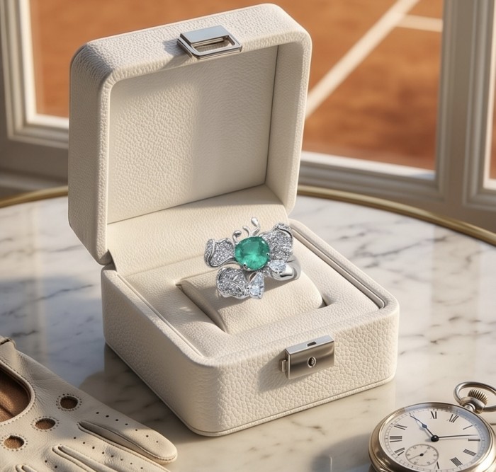 Eau Pure 6.5 carat Paraiba Tourmaline .925 Sterling Silver Handcrafted Ring size 6 1/4 - Paraiba tourmaline ring in box, top view, alongside glove and watch.