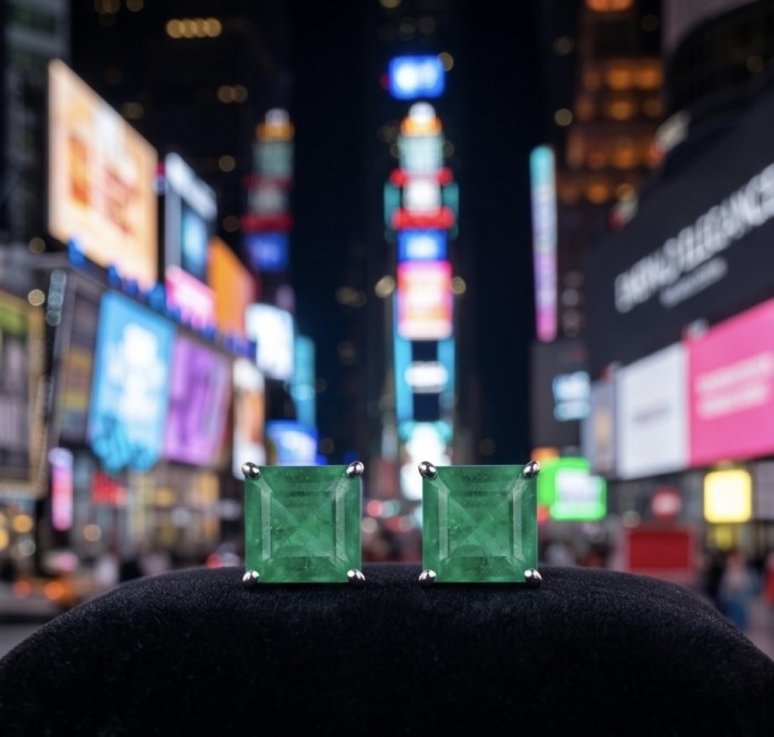 ROYALTY - assher cut 7.8 carat COLOMBIAN Emerald .925 Sterling Silver handmade Statement Earrings - Square-cut emerald earrings close-up with city lights background
