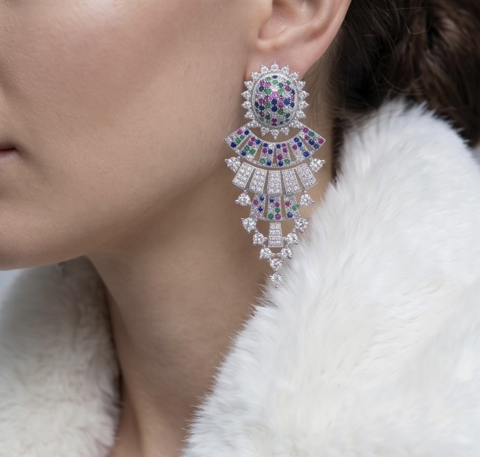 Authentic 10.7 carat Sapphire Ruby Emerald Rhodium over .925 Sterling Silver handcrafted Statement earrings - Side view of ornate earrings with sapphires, rubies, and emeralds.