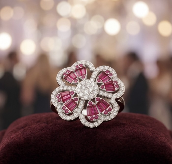 Art Deco 8.6 ctw Ruby .925 Sterling Silver handcrafted Statement Ring size 7 - Close-up of Art Deco ruby and diamond sterling silver ring.