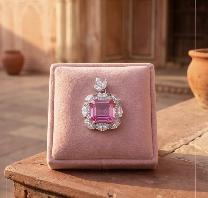 Vintage style boquette cut 12.8 carat Pink Sapphire .925 Sterling Silver DIPPED IN RHODIUM handmade Pendant - Pink Sapphire jewelry front view on pink cushion, rustic background