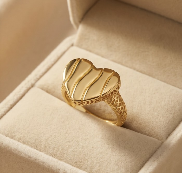 Dubai Style - Golden Heart .925 Sterling Silver dipped in 22K Gold handmade ring size 7 1/4 - Golden heart ring in box, side view, intricate band design