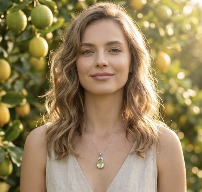 Pear cut 11.3 carat Lemon Quartz rhodium over .925 Sterling Silver handcrafted pendant - Woman wearing a pear-cut Lemon Quartz necklace outdoors