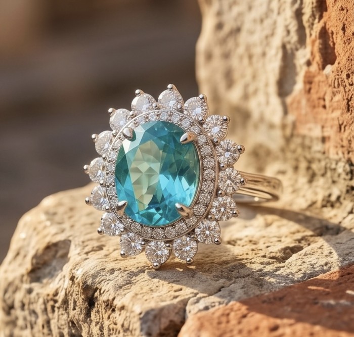 WONDERLAND 4.8 carat Paraiba Tourmaline .925 Sterling Silver Handcrafted Ring size 6 1/4 - Close-up of 4.8 carat Paraiba Tourmaline ring on stone background.