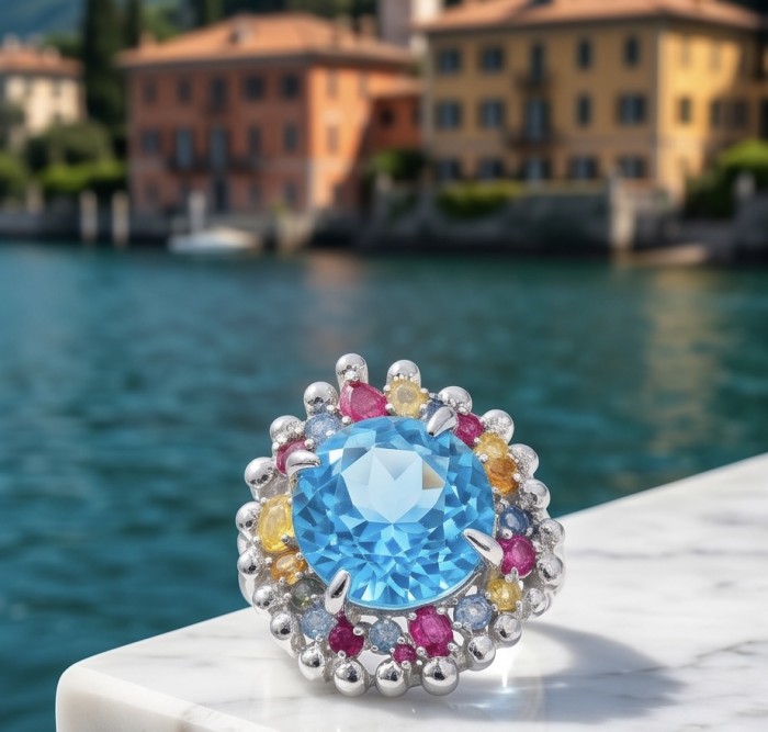 Ocean Blue Natural 22.8 carat Swiss Blue Topaz .925 Sterling Silver dipped in rhodium handmade Large Statement Ring size 8 - Close-up of a Swiss Blue Topaz ring with colorful gemstone accents.