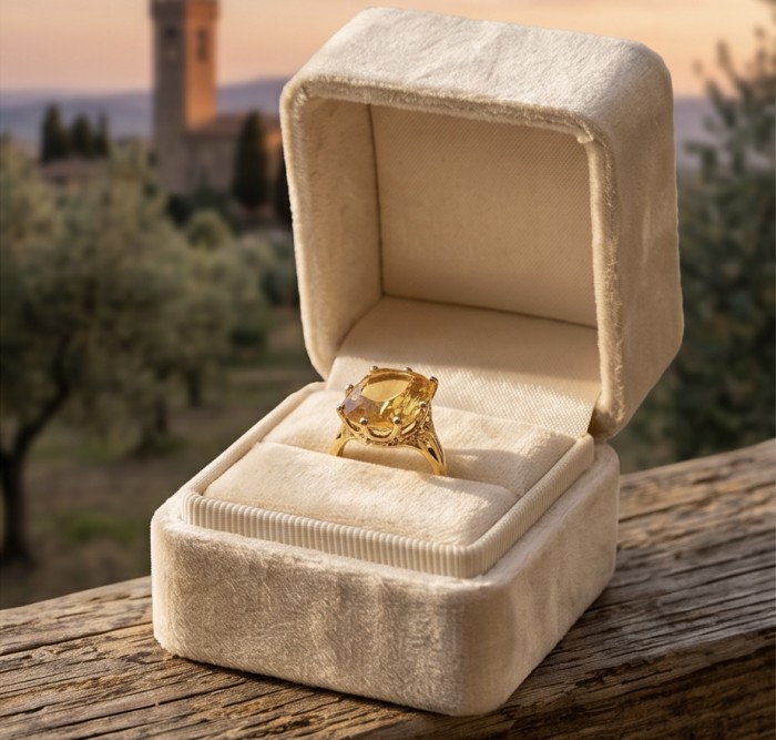 22.8 carat Genuine Heliodor 18K Gold over .925 Sterling Silver handcrafted ring size 10 - Yellow gemstone ring in open box on a wooden ledge, outdoor background.