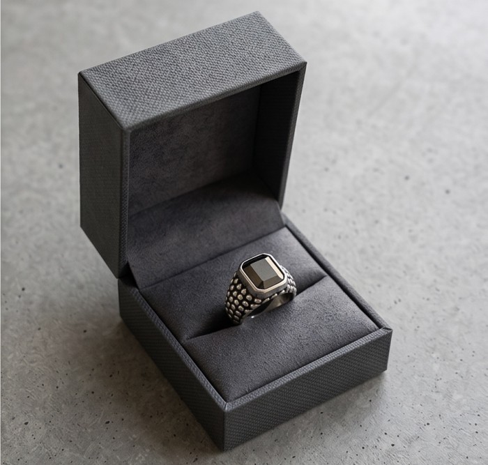 The King- Huge 12.5 carat Black Onyx .925 Sterling Silver handcrafted ring; s. 12 - Ring in box, top view, 12.5 carat Black Onyx in sterling silver.