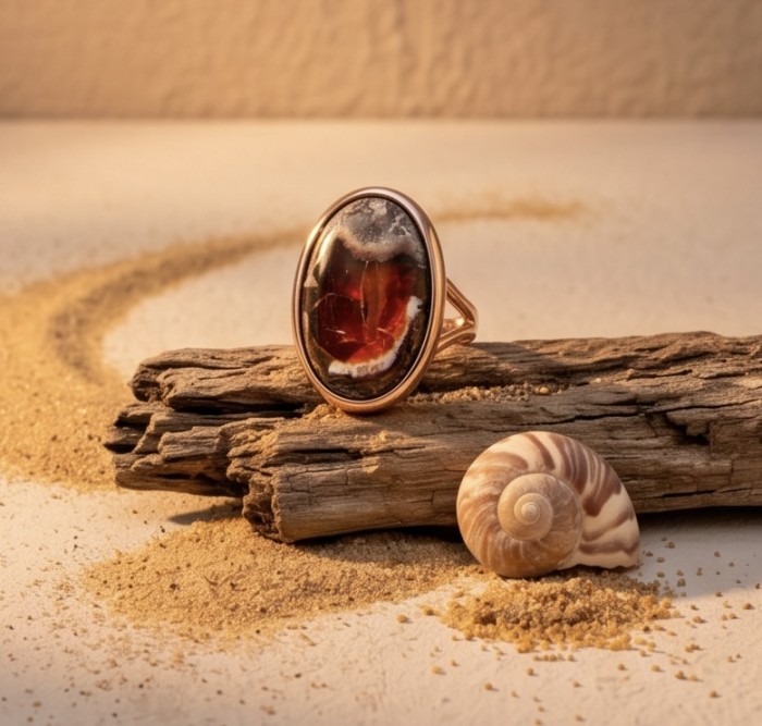 Bonfire Night best quality 27.4 carat Mexican Opal 18K Gold over .925 Sterling Silver handmade ring 7 1/4 - Opal ring on driftwood with shell, front angle, sand background.