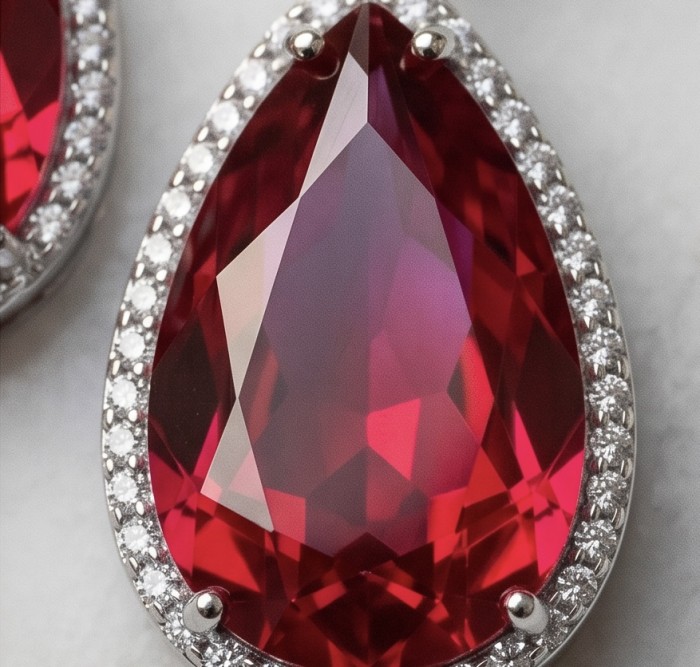 Magnificent Jewel 10.5 carat Ruby .925 Sterling Silver handcrafted incredible earrings - Close-up of 10.5 carat ruby in .925 sterling silver setting.