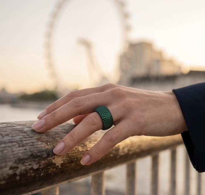 Exotic Beauty 17.9 carat authentic pave Emerald .925 Sterling Silver Handcrafted Ring size 6 - Ring on hand with emeralds, London Eye in background