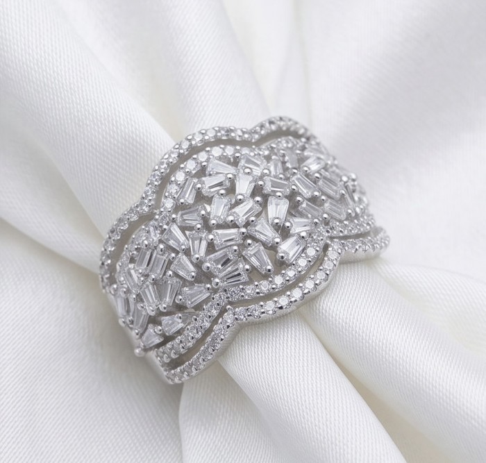 Romantica Precious Natural 2.2 carat White Topaz .925 Sterling Silver ring size 9 - White topaz sterling silver ring on white fabric, top view close-up.