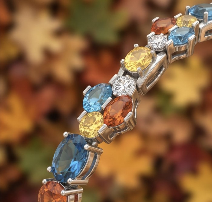 Gabriella 22.2 carat authentic multicolor Sapphire rhodium over .925 Sterling Silver handcrafted Statement Bracelet - Close-up of multicolor sapphire bracelet in autumn-themed background