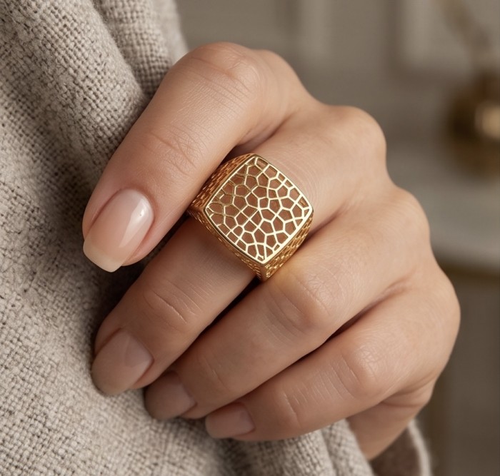 Dubai Style - signet ring - .925 Sterling Silver dipped in 22K Gold handmade Large ring size 9 - Signet ring on hand, intricate geometric pattern, gold finish.