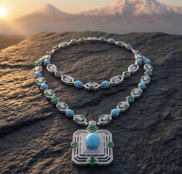 Art Deco - Pacifica - 178.4 carat Turquoise Emerald .925 Sterling Silver handmade Statement necklace; 24 inches long - Art Deco turquoise and emerald necklace on a rock at sunset.