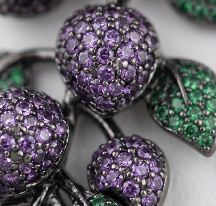 Incredible Ripe Grapes 9.5 carat Amethyst Chrome Dopiside black rhodium over .925 Sterling Silver handcrafted Statement earrings - Close-up of amethyst and green stone grape cluster jewelry design.