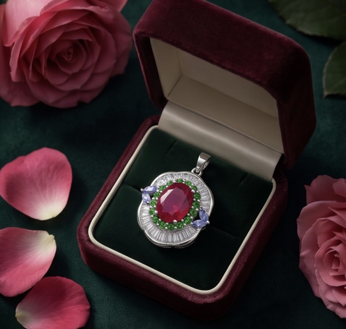 Rose Garden 8.2 carat authentic Mozambique Ruby .925 Sterling Silver handmade Pendant - Rose Garden pendant with Mozambique ruby in velvet box, top view