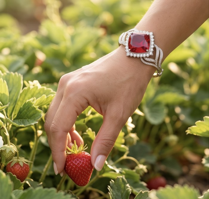 Precious Genuine 32.7 carat Brazilian Garnet .925 Sterling Silver dipped rhodium handcrafted Bracelet - Garnet bracelet on hand picking strawberries in garden.